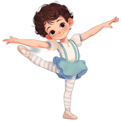 A cute little girl ballet dancer with short brown hair, wearing white and blue striped tights and an apron, doing the jeté pose in her ballerina outfit. She has big eyes and is smiling gently. The illustration style should be cartoonish and playful, suitable for children's book illustrations or animation character design. The background is black, with no shadows.