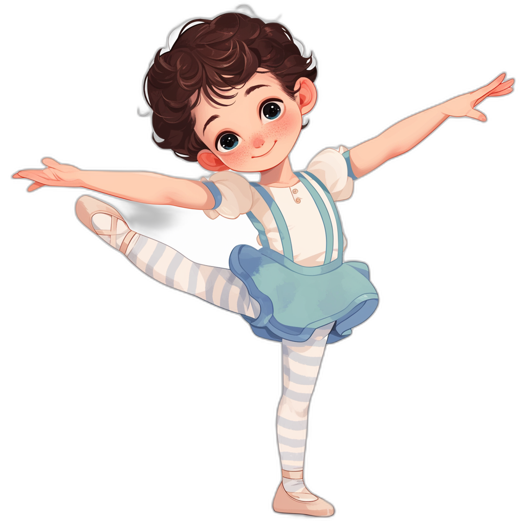 A cute little girl ballet dancer with short brown hair, wearing white and blue striped tights and an apron, doing the jeté pose in her ballerina outfit. She has big eyes and is smiling gently. The illustration style should be cartoonish and playful, suitable for children’s book illustrations or animation character design. The background is black, with no shadows.