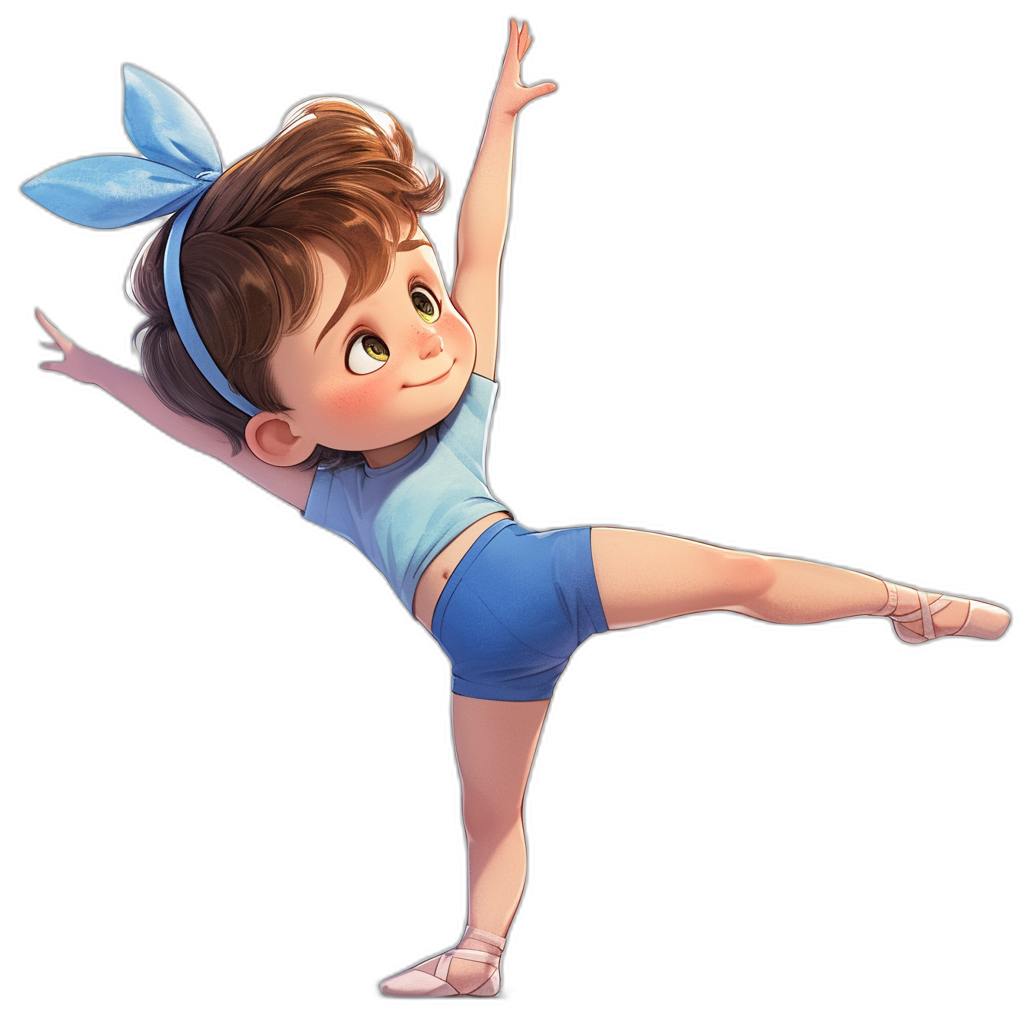 A little girl with short brown hair, wearing blue shorts and a light-blue top, doing a ballet pose in the style of Disney Pixar studio, with an adorable face featuring big eyes and soft shadows against a black background, in a cute cartoon style and high resolution digital art.