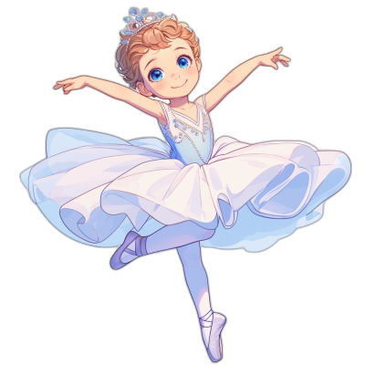 Cute ballerina in a white tutu and blue ballet slippers, with short blonde hair and big light blue eyes wearing a tiara, dancing on a black background, in the style of a chibi style character, with a cute cartoonish art style, as a full body shot, at a high resolution.