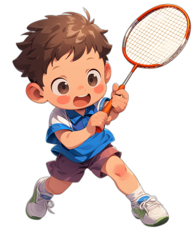 A cute little boy playing badminton, smiling happily, with short brown hair and big eyes wearing a blue T-shirt, white socks, red shorts, and green shoes in the style of Japanese anime, on a black background. The character is depicted in full body, holding onto his racket ready to play. He has an adorable look on his face as he's about to hit or smite at something. His posture reflects excitement for playing badminton.