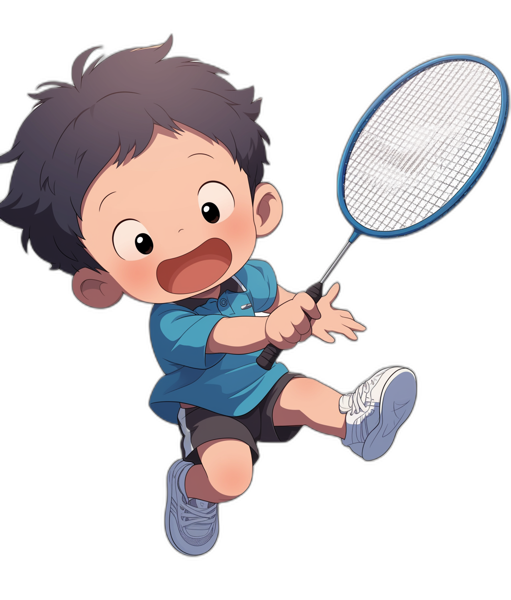 A cute little boy is playing badminton with a happy expression against a black background in the style of a simple illustration. He is wearing blue short sleeves and shorts with white shoes and is holding a racket. It is a high quality Japanese anime cartoon style with the boy having black hair, big eyes and drawn at a high definition resolution.