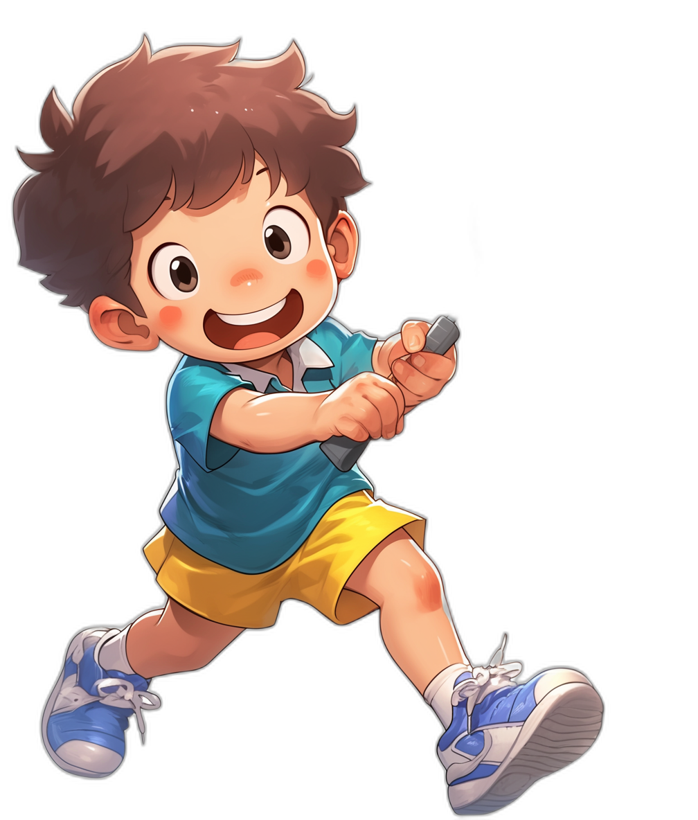 A young boy with brown hair, wearing blue and yellow shorts, white socks, light-colored sneakers, smiling happily while playing baseball in the style of an anime character on a black background. The boy is depicted holding a bat and ready to hit a ball. He has short curly bangs that frame his eyes, giving him a cute appearance. His  match well with his shoes. In front view, 2D flat design, no shadows, bright colors, simple lines, and a cartoon-like feel.