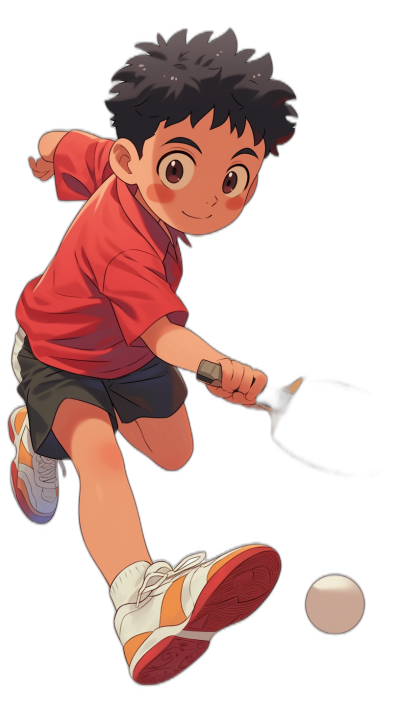 [Makoto Shinkai](https://goo.gl/search?artist%20Makoto%20Shinkai), anime style illustration of an Asian boy playing table tennis with red T-shirt and black shorts wearing white sneakers, he is holding the racket in his right hand ready to hit the ball, his eyes have big eyelashes, his hair has short length curly bangs hair. Black background.