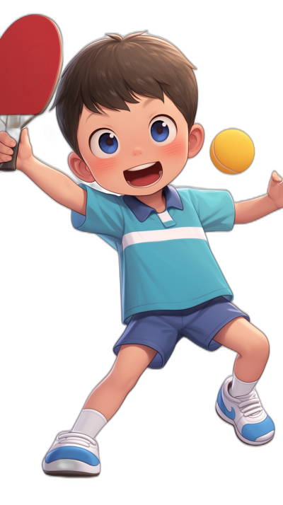cartoon boy playing table tennis, wearing a blue and white shirt with short sleeves and brown hair, holding the racket in his right hand to hit the ball with one leg on tiptoe and a smiling expression, in the style of a cute illustration. The boy is depicted in a full body portrait with colorful cartoon characters wearing sports shoes against a black background.