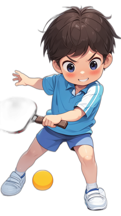 chibi style, a young boy with dark brown hair and blue eyes playing table tennis wearing white shoes, black background, full body shot, he is holding the bat ready to hit the ball, he has short sleeves on his shirt and shorts as well, the lighting in the scene creates soft shadows around him. He wears light blue pants and sports sneakers. The image should capture an action pose of a child doing a sport or playtime activity. It must be a cartoon character in the style of a chibi.