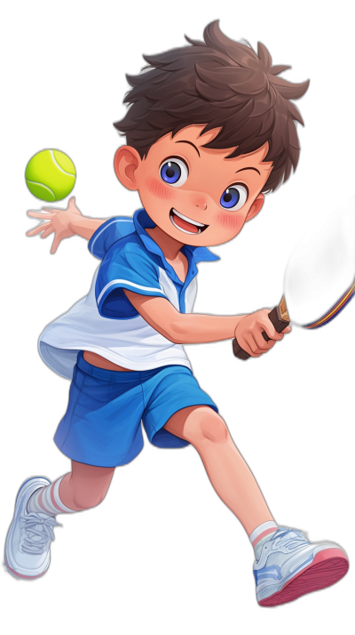 A boy playing tennis in a cartoon style with a character design featuring blue and white  against a black background. He has brown hair and is smiling while holding his racket out to hit the ball in mid-air. The overall atmosphere of the illustration should convey happiness and joy. This artwork will be used for mobile game graphics so it needs to have high resolution and quality. A full body shot of the boy.