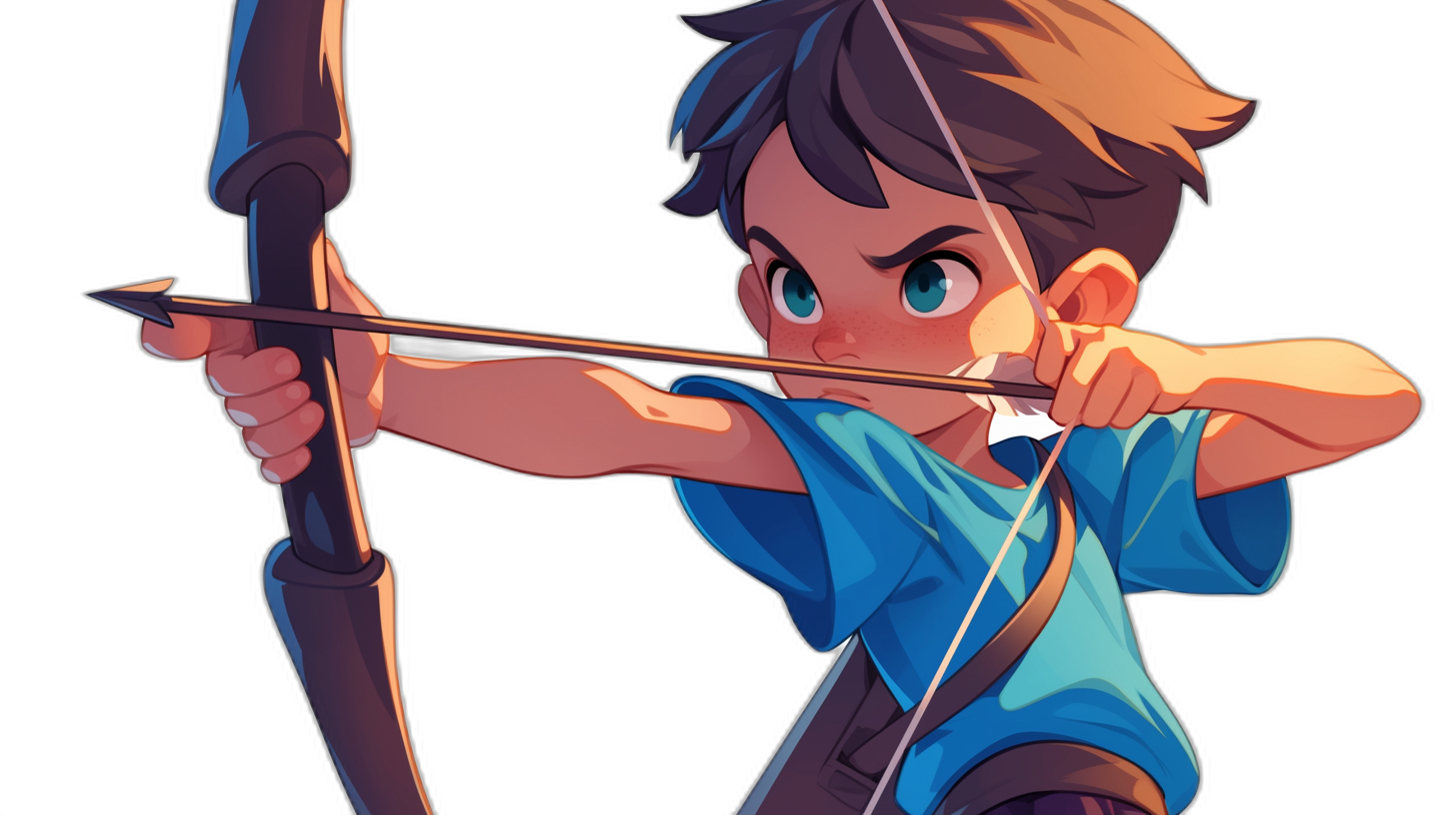 A cartoon drawing of an archer boy with a blue shirt, brown hair and a short haircut holding his bow in the air ready to shoot an arrow, black background, in the style of chibi style, animated for kids.