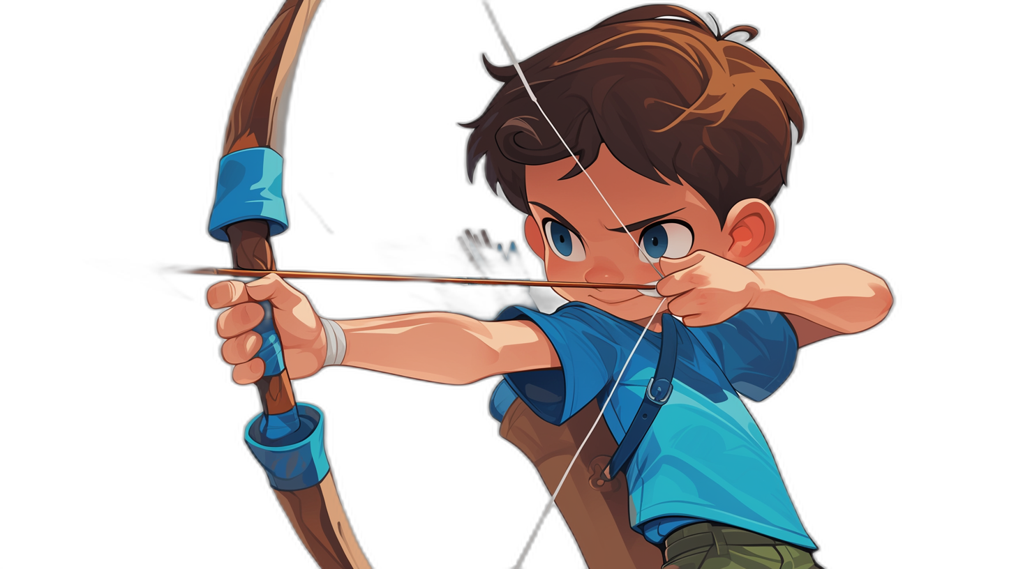 A cartoon boy with brown hair, blue eyes and short  is aiming his bow in archery. He has a black background. The style of the illustration should be vector art, in the style of anime manga cartoon. It’s an ultra realistic illustration with high resolution and a dark gray gradient background. Use bright colors to make it stand out on that color background. Make sure there are no shadows behind him.