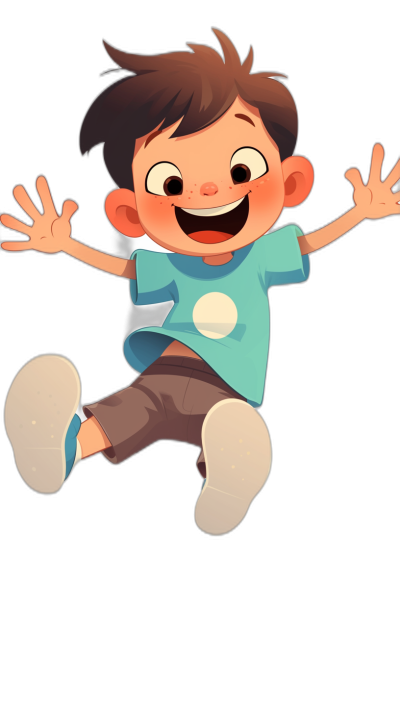 A cute cartoon boy is jumping, with an excited expression on his face and big eyes, wearing blue short sleeves and brown pants on a black background. The illustration style is simple with high definition details of the character and hands in the style of Disney Pixar animation. The boy is depicted in a full body portrait wearing black shoes and white socks against a clean solid color background with bright lights.