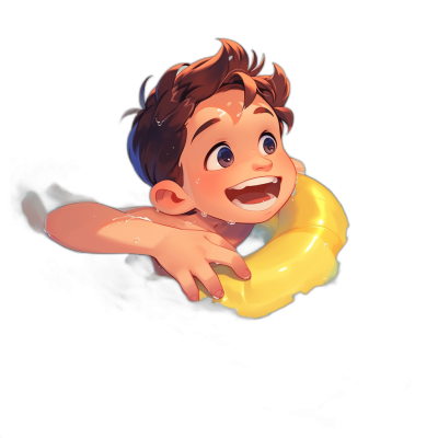 Illustration of a happy boy with short brown hair and blue eyes floating in the air. He is wearing a yellow swim ring on his chest against a black background, in the style of Disney Pixar.