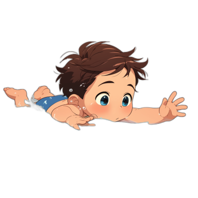 Cute baby lying on his back in a cute cartoon style with anime features and big eyes against a dark black background. The boy is wearing blue shorts and has brown hair. He's reaching out to touch something above him. Cartoon character design in the style of Pixar illustration. High resolution vector graphics.