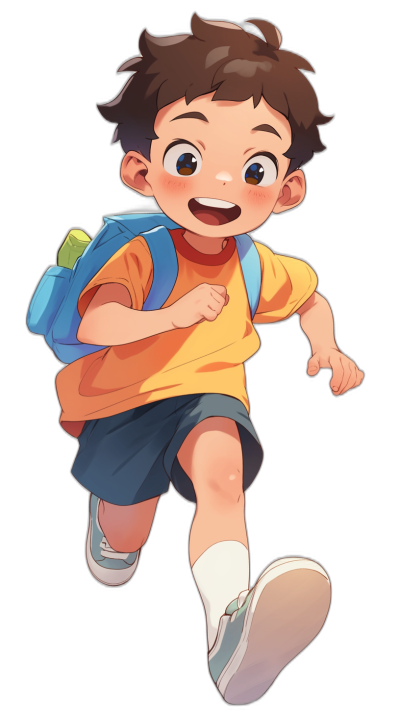 A cute little boy, running with his school bag on his back and smiling happily at the camera, in the style of Japanese anime with a simple black background, simple cartoon character design with minimal facial features and full body shown, simple  details, high definition resolution and quality image with bright saturated colors.