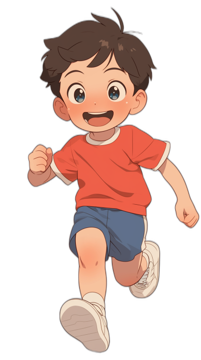 A cute little boy is running and smiling happily with his eyes open as he looks at the camera in the style of Japanese anime. He has short brown hair, blue shorts, white sneakers on a black background, wearing an orange T-shirt with no sleeves. The character's face features exaggerated expressions, with bright colors, soft lighting, and lively movements in his .