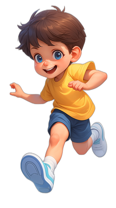 A cute little boy with brown hair, blue eyes and short shorts is running happily in the air. He wears white sports shoes on his feet and a yellow t-shirt with a smiling face. The background is black with a cartoon style in the Disney Pixar animation style. It is a 3D rendering with high resolution and super details in a high quality 2d game art style.