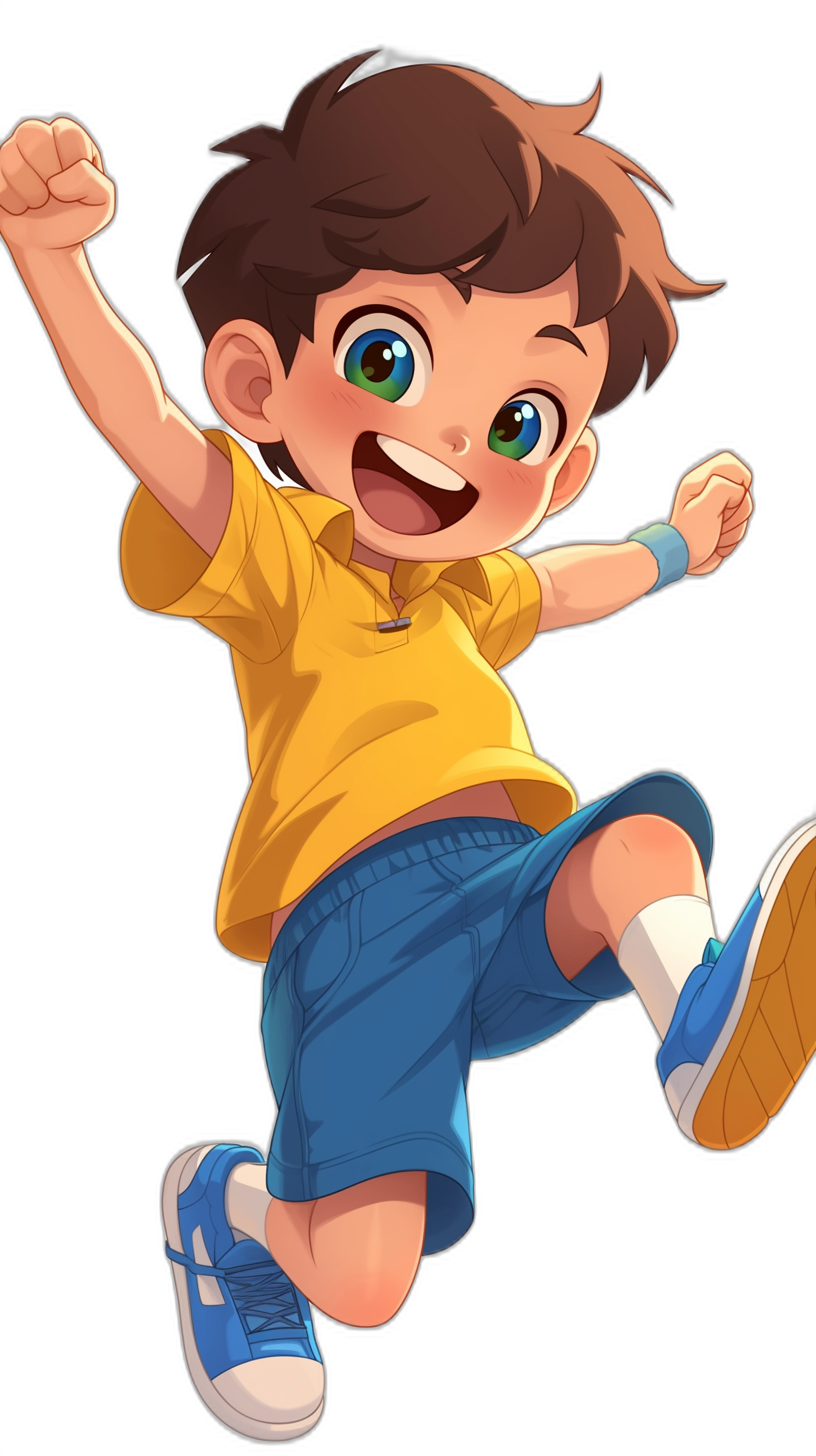 A cute cartoon avatar of an animated little boy with brown hair, wearing blue shorts and a yellow t-shirt jumping happily on a black background, a full body portrait in the style of anime, high resolution, clear colors, bright lighting, and a lively atmosphere. The character is smiling with his eyes wide open, showcasing happiness in the moment.