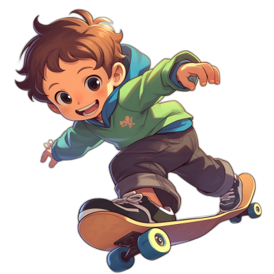 A cute little boy is riding on his skateboard, with brown hair and blue eyes wearing a green hoodie, on a black background, in the style of anime, with a chibi character design, at a high resolution, with detailed facial features, a happy expression, as a full body portrait, in a cool pose, with bright colors, and black shoes. He has short curly brown hair, big round earrings, wearing dark pants and a gray shirt, a dark purple sweater, a blue t-shirt, and a white skirt. She's flying in the air, smiling happily,