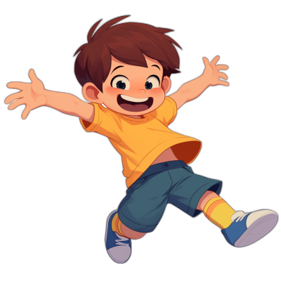 A cute cartoon boy jumping, smiling happily, wearing yellow short sleeves and blue shorts with black background. The illustration style is simple, full body portrait, high-definition details, and cartoon animation. A happy expression of Disney Pixar cartoon characters.,,in