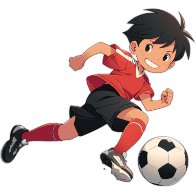 The most beautiful vector logo for a child soccer team, a boy with black hair in a red shirt and white shoes kicking a ball with his foot, on a black background, a full body character, in the style of manga, in the style of anime, high quality.