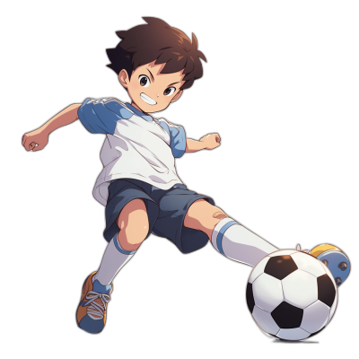 A boy playing soccer, smiling and kicking the ball in the style of anime with a black background. He is wearing a white short-sleeved t-shirt, navy blue shorts, sports shoes, brown hair, and big eyes. The character should be designed as an animated illustration with vibrant colors and clear details to highlight his energetic movements during play. In some areas of his body he has visible cartoonish shadows for emphasis on facial expressions or hands.