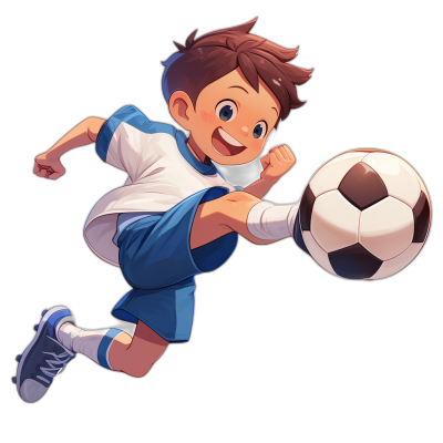 A boy playing soccer, dressed in the team uniform of Inazuma Eleven, kicking with determination on his face. The background is black. He has short brown hair and blue eyes. A cartoon character design that could be used for mobile games or video game characters. This character should have a style in the style of anime. Black background. High resolution. No text or other elements to stand out from the scene. A detailed vector illustration.