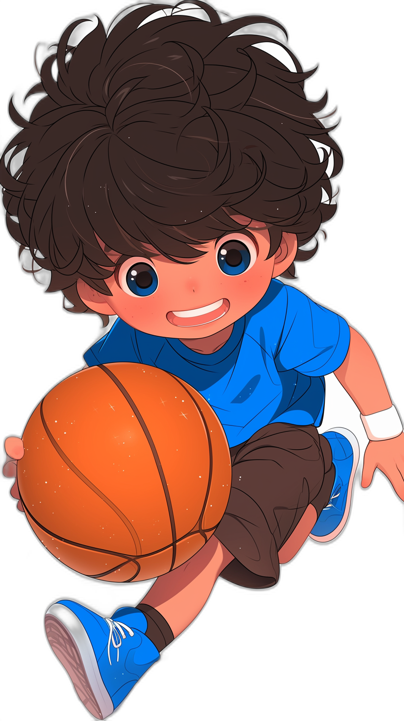 A cute boy with curly hair, smiling and playing basketball in a blue t-shirt, brown pants and white socks against a black background in the style of chibi anime.