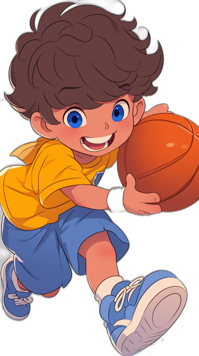 A cute little boy is playing basketball, wearing blue shorts and a yellow T-shirt with white stripes on the sleeves, smiling happily at me in the style of anime. He has short brown hair and big eyes, holding onto his basketball while running across a black background. The overall color scheme of cartoon characters should be bright and vivid.