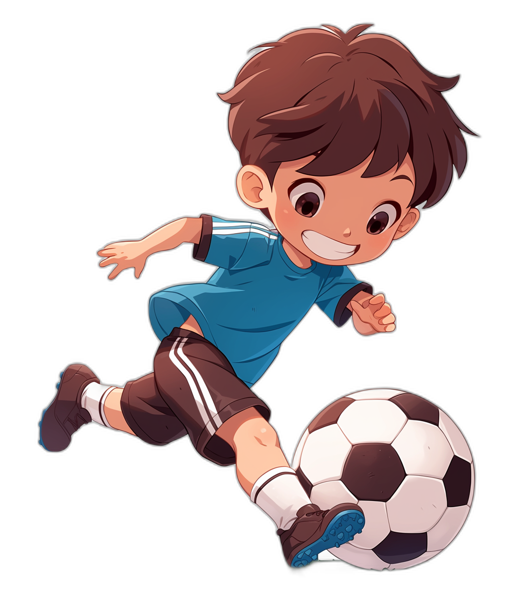 A cute little boy is playing football, wearing blue short sleeves and black shorts with brown hair. He wears white shoes on his feet and smiles while kicking the ball. The background of the scene is pure black. Vector illustrations in the style of Japanese anime. High resolution vector graphics, high quality, high detail, perfect details.