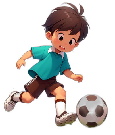 A cartoon boy in an anime style playing soccer, wearing brown shorts and blue t-shirt with white shoes. The background is black. He has short hair that reaches his shoulders, slightly curly at the ends, straight on top, and bangs hanging down to one side of it. Black border around character. There's also a football next to him. Isolated on pure black background.