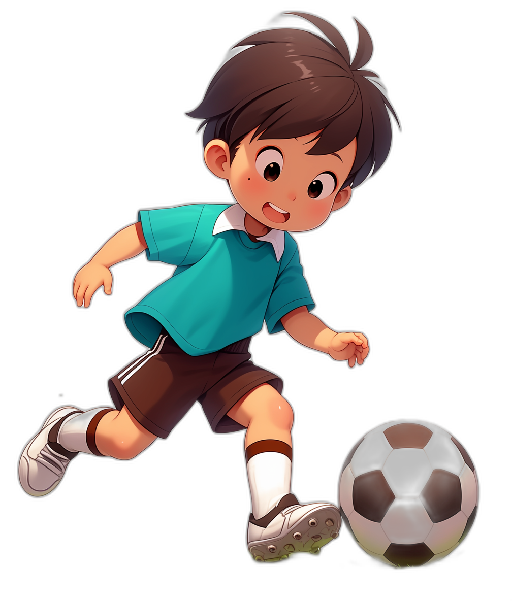 A cartoon boy in an anime style playing soccer, wearing brown shorts and blue t-shirt with white shoes. The background is black. He has short hair that reaches his shoulders, slightly curly at the ends, straight on top, and bangs hanging down to one side of it. Black border around character. There’s also a football next to him. Isolated on pure black background.