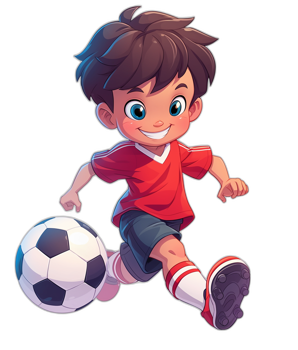 A cute cartoon boy in a red t-shirt playing soccer, with a black background, character design for a mobile game, in the style of a cute cartoon, 2d vector art, 300 dpi resolution, professional quality.