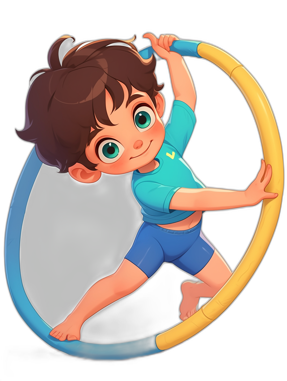 A cute little boy with brown hair and green eyes, wearing a blue t-shirt with a yellow collar and dark cyan shorts, doing gymnastics on the rings in the style of Pixar character design. The drawing has a simple black background.