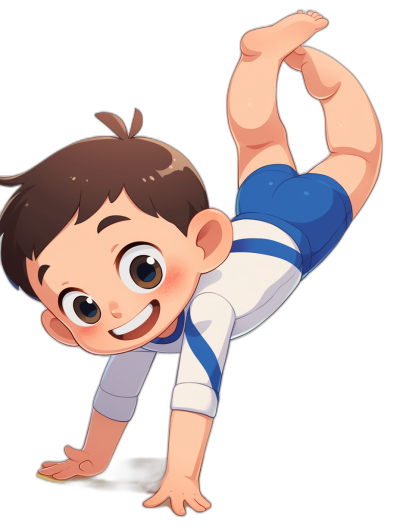 A cartoon-style illustration of an Asian boy doing gymnastics, wearing white and blue  with black background. The young man has brown hair and is smiling as he nose grins while performing the cartwheel on his handstand pose. He's wearing sports shoes for shot., focus on face