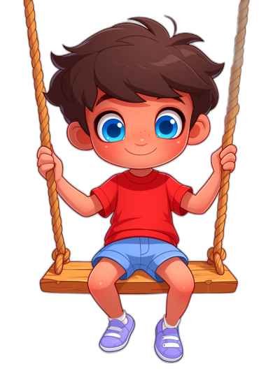 A cute little boy with big blue eyes and dark brown hair, wearing a red t-shirt and light purple shoes is sitting on the swing against a black background in the style of a cartoon.