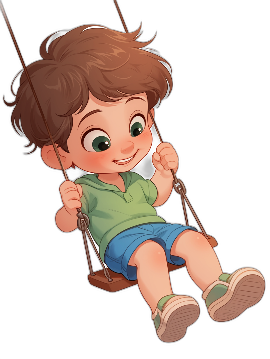 A cute baby boy with brown hair and green eyes sitting on the swing. He is wearing blue shorts and a white t-shirt against a black background, in the style of a cartoon.