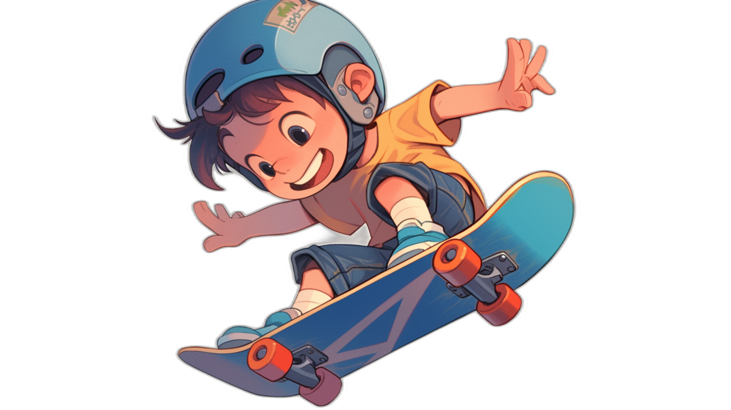 A cute cartoon boy is skateboarding, wearing a helmet and shoes with orange wheels on a black background. The art style is reminiscent of 2D games, with colorful animated stills and detailed character design in a high resolution. The boy has a happy expression.