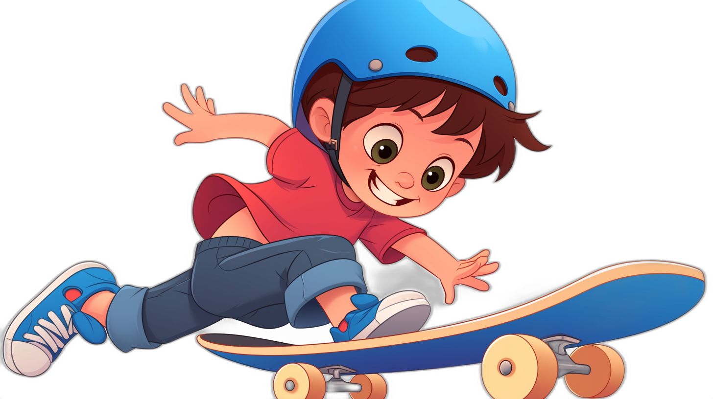 A cute cartoon boy wearing blue helmet and red shirt is riding on his skateboard, with black background. He has brown hair and smiling face expression while skateboarding. The skateboard features four wheels and two light blue feet.