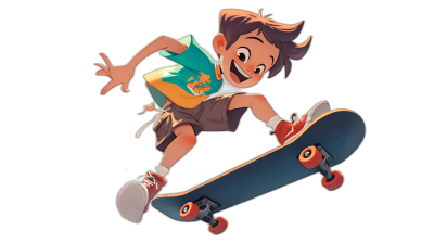 A cartoon boy in the style of Disney and Pixar is riding on his skateboard. He has brown hair with some gray at age ten, wearing shorts, sneakers and a teal green shirt with orange accents. It has a black background with a full body shot at high resolution in a hyper realistic style.