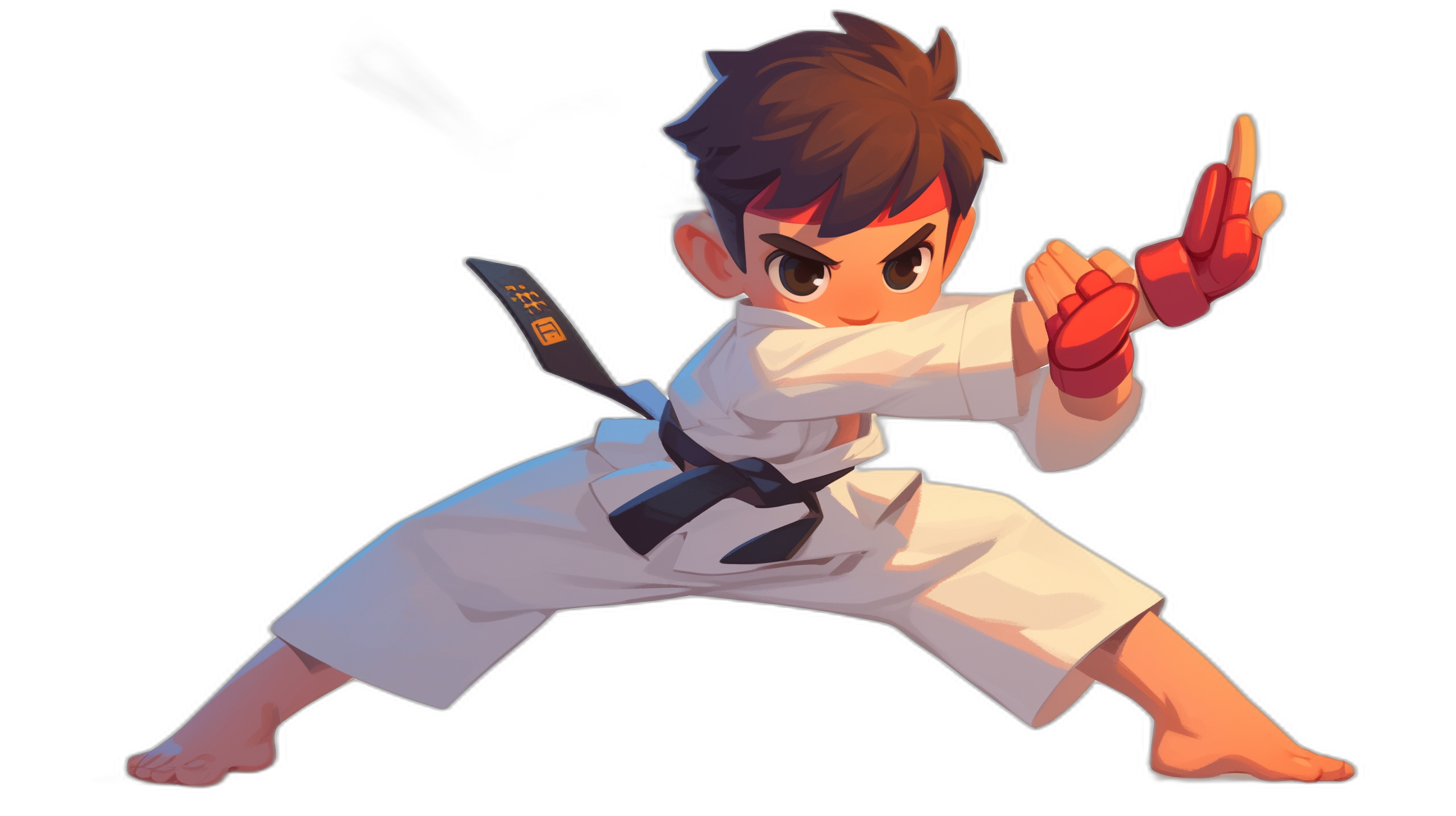 A young boy doing karate in the style of character design in a 2D game art style as a full body cartoon realism on a black background as a vector illustration in the chibi character design style wearing white pants and red gloves with brown hair and dark eyes, with his right hand pointing up in the air while his left leg is straight outstretched to one side in a front view.