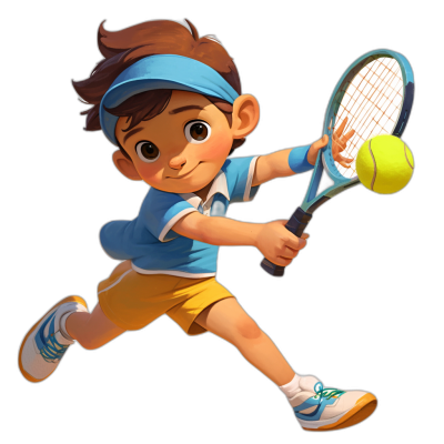 A boy playing tennis, wearing a blue shirt and yellow shorts with white shoes and a headband on his forehead, is hitting the ball in an action pose. He has brown hair and big eyes. The background is black. The style is similar to Disney cartoons. The design is reminiscent of Pixar characters. The whole body of the person can be seen. It is fully colored. There is a white border around it. It is very cute. There should not be shadows or shading.