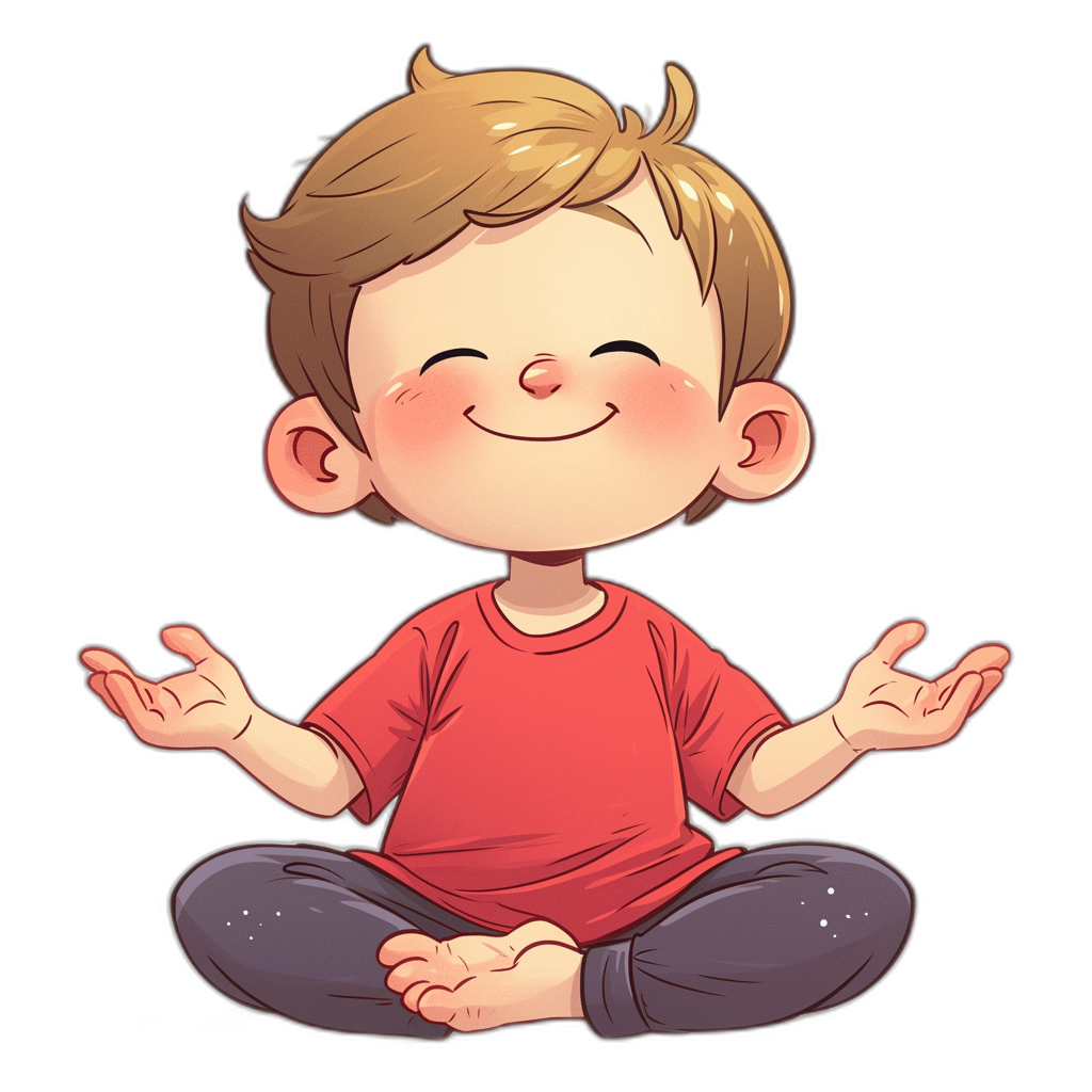 A cute cartoon boy is meditating with a happy expression. The simple illustration style features a black background with a boy wearing a red t-shirt and having a big head to small body ratio. His hands are spread out to the sides and his eyes are closed while his face smiles. The quality of the image is high.