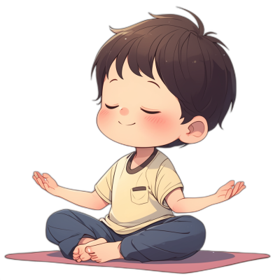 A cute little boy doing yoga in a simple chibi style drawing with a black background as a full body shot, cute cartoon character design with simple colors, sitting on the ground in lotus position with his eyes closed and smiling, wearing a white t-shirt with blue pants underneath in the style of a cute cartoon illustration.