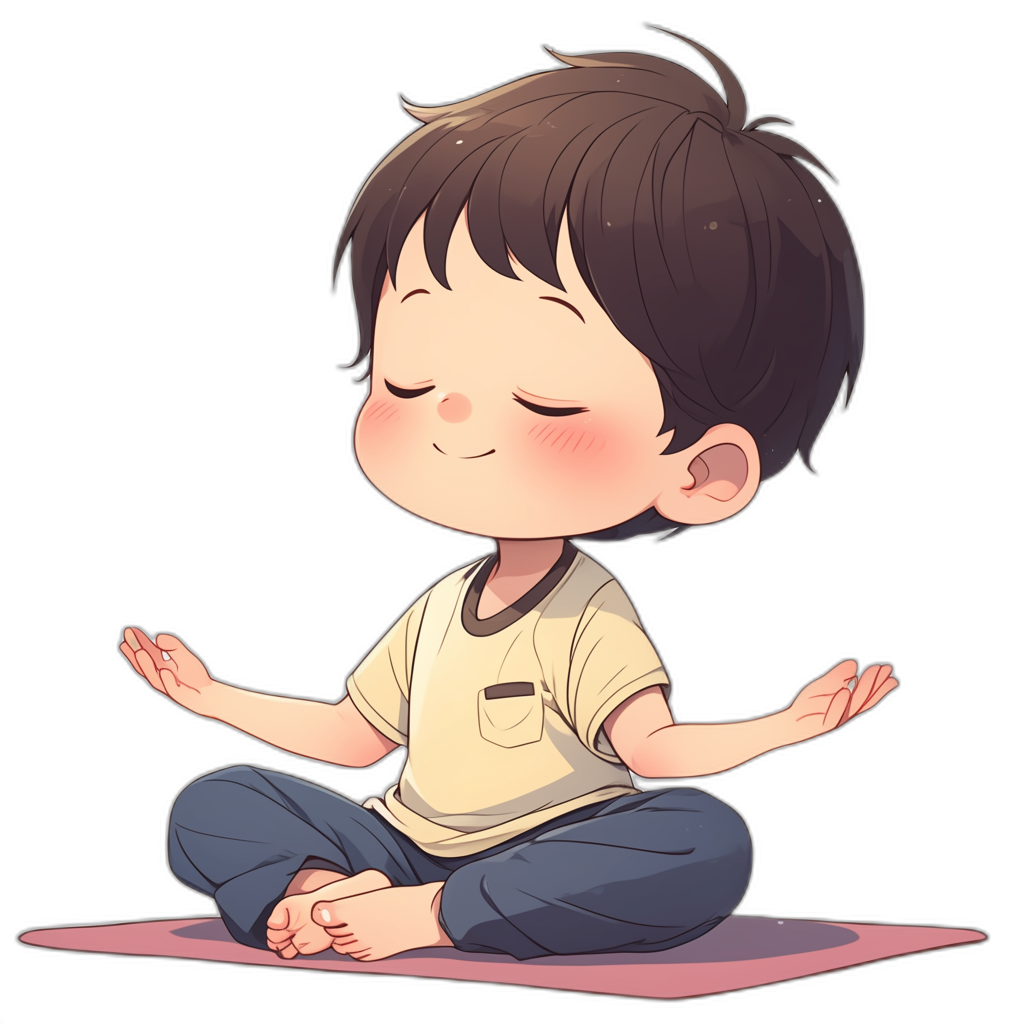 A cute little boy doing yoga in a simple chibi style drawing with a black background as a full body shot, cute cartoon character design with simple colors, sitting on the ground in lotus position with his eyes closed and smiling, wearing a white t-shirt with blue pants underneath in the style of a cute cartoon illustration.