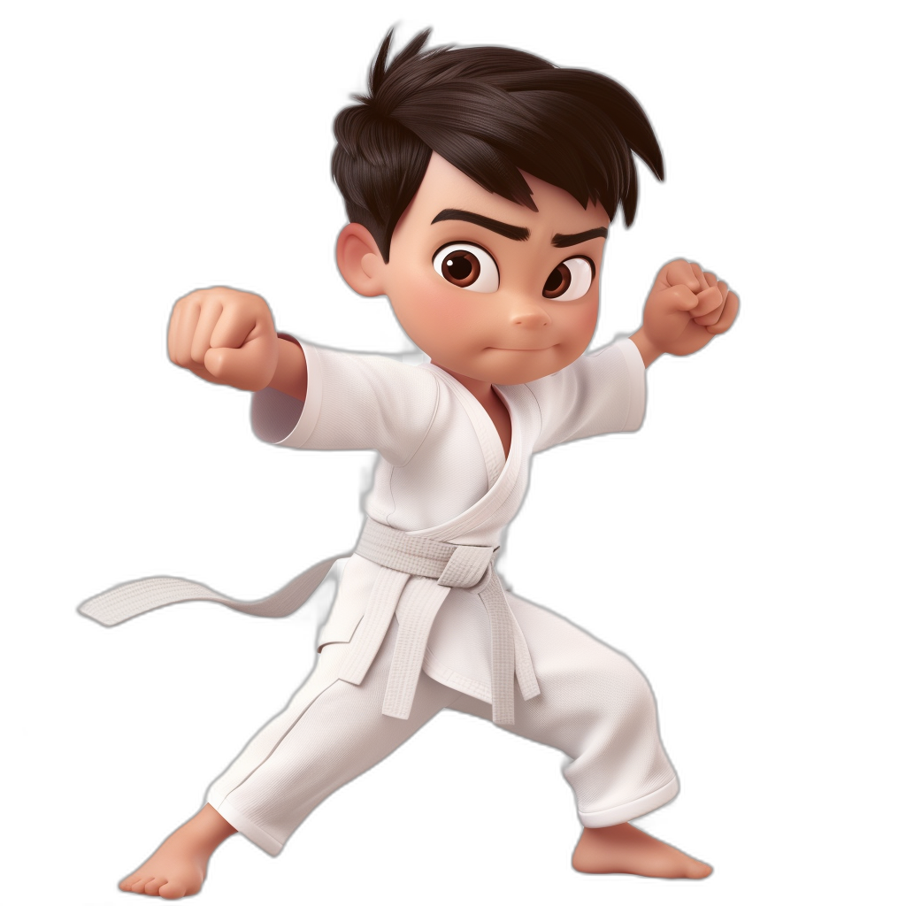 A young boy in a white karate outfit striking with his right hand, with black hair and brown eyes, as a full body, in a chibi style, with an animated pixar character design on a solid background.