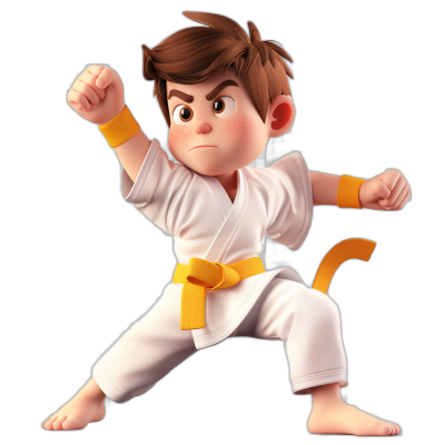 cartoon brown haired boy doing karate, in a white outfit with a yellow belt, full body, black background, in the style of Pixar.