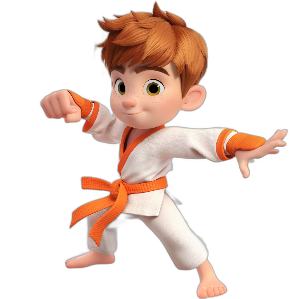 A young boy with red hair and freckles, wearing an orange belt tied around his waist in a white karate outfit is doing martial arts moves against a black background. The boy has a cartoon style character design in the style of Disney Pixar, with 3D rendering from a 45 degree perspective.