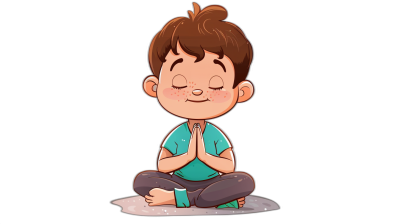 A cute cartoon of an adorable little boy with brown hair, sitting cross-legged and meditating on the ground, his eyes closed in deep focus as he knees together for prayer or meditation isolated black background, clipart style, simple illustration