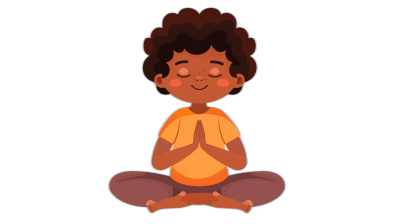 Vector flat color cute cartoon black boy meditating on his knees with hands in prayer on a solid dark background without outlines. The artwork is in the style of meditation.