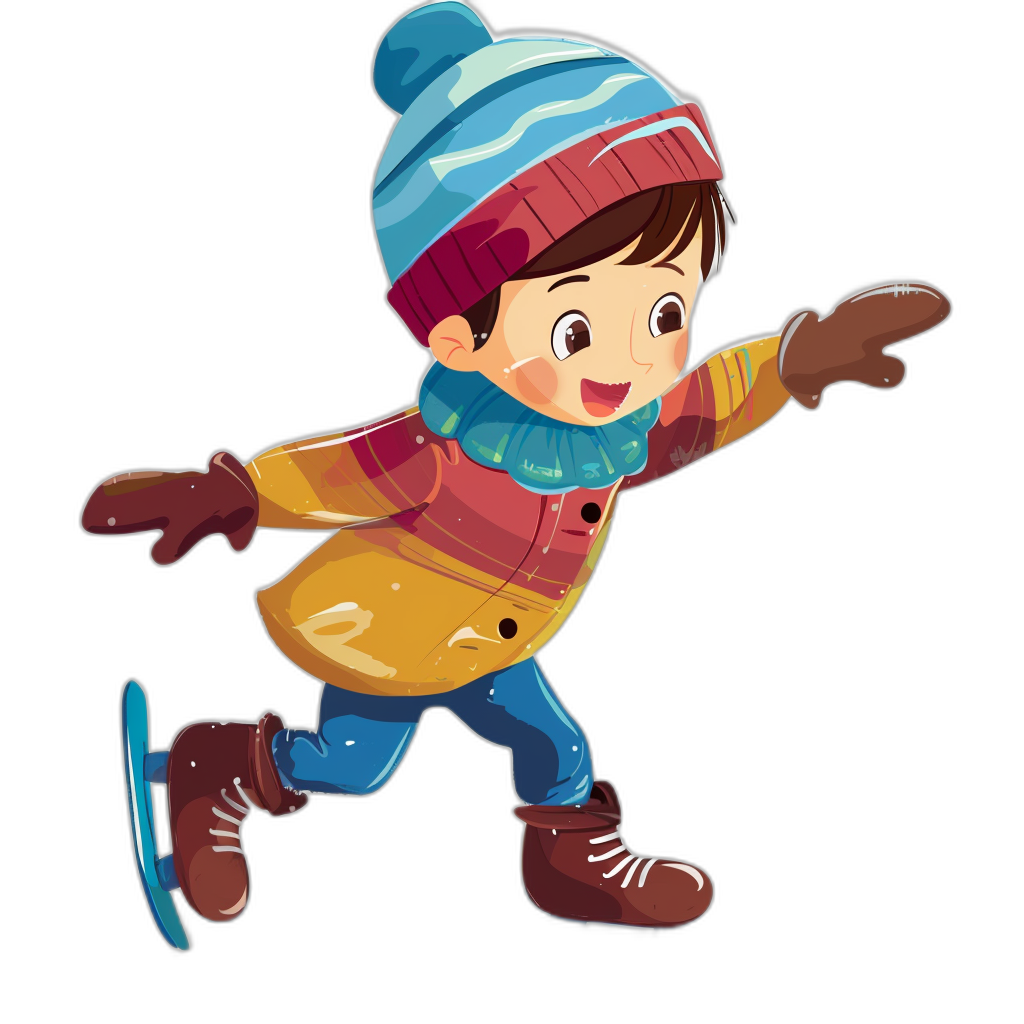 A cute cartoon boy wearing winter  and gloves, skating on ice against a black background, clip art for stickers in the style of hd.