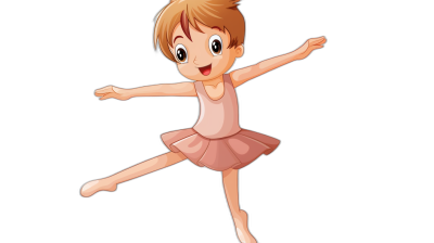 Cartoon girl in ballet costume dancing, vector illustration style, simple strokes, black background, flat illustrations, cute cartoon designs, 2D game art, pink and brown tones, simple lines, cartoon facial features. She is smiling with her eyes open and looking at the camera. Her hair has short blonde hair, she wears a tight rose-colored skirt on top of it, white shoes under his feet, one hand extended forward to support himself against the body's weight. The other two hands were raised above head,,in